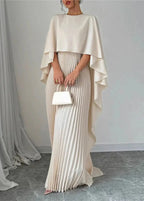 Women's Long Wedding Guest Dress Pleated Cape Overlay Fluid Elegant Formal Gown – Makayla
