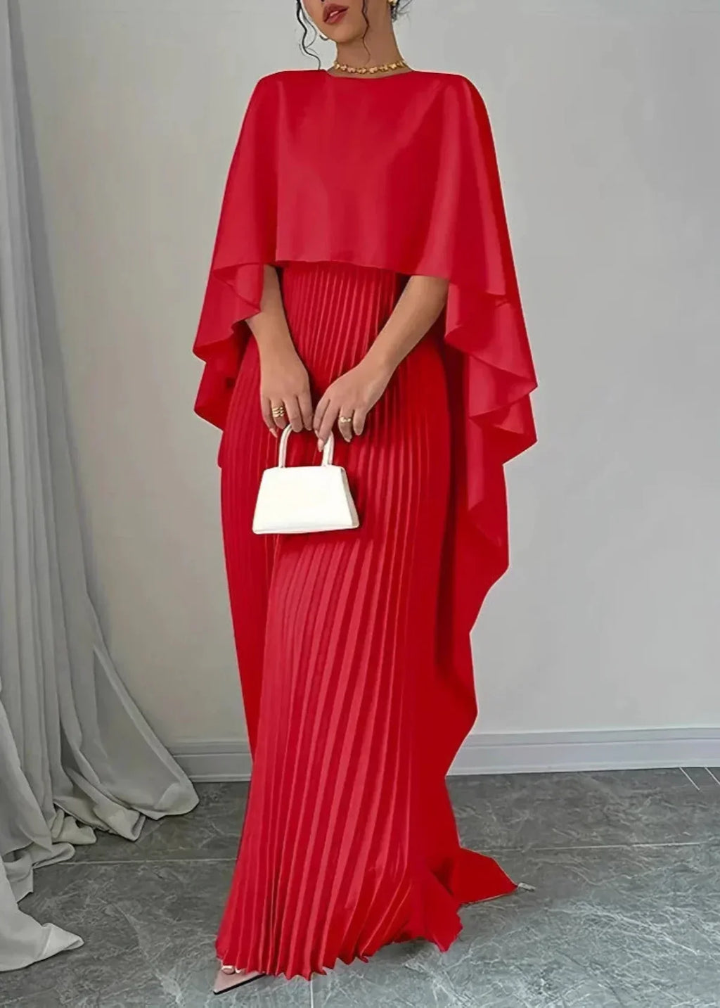 Women's Long Wedding Guest Dress Pleated Cape Overlay Fluid Elegant Formal Gown – Makayla