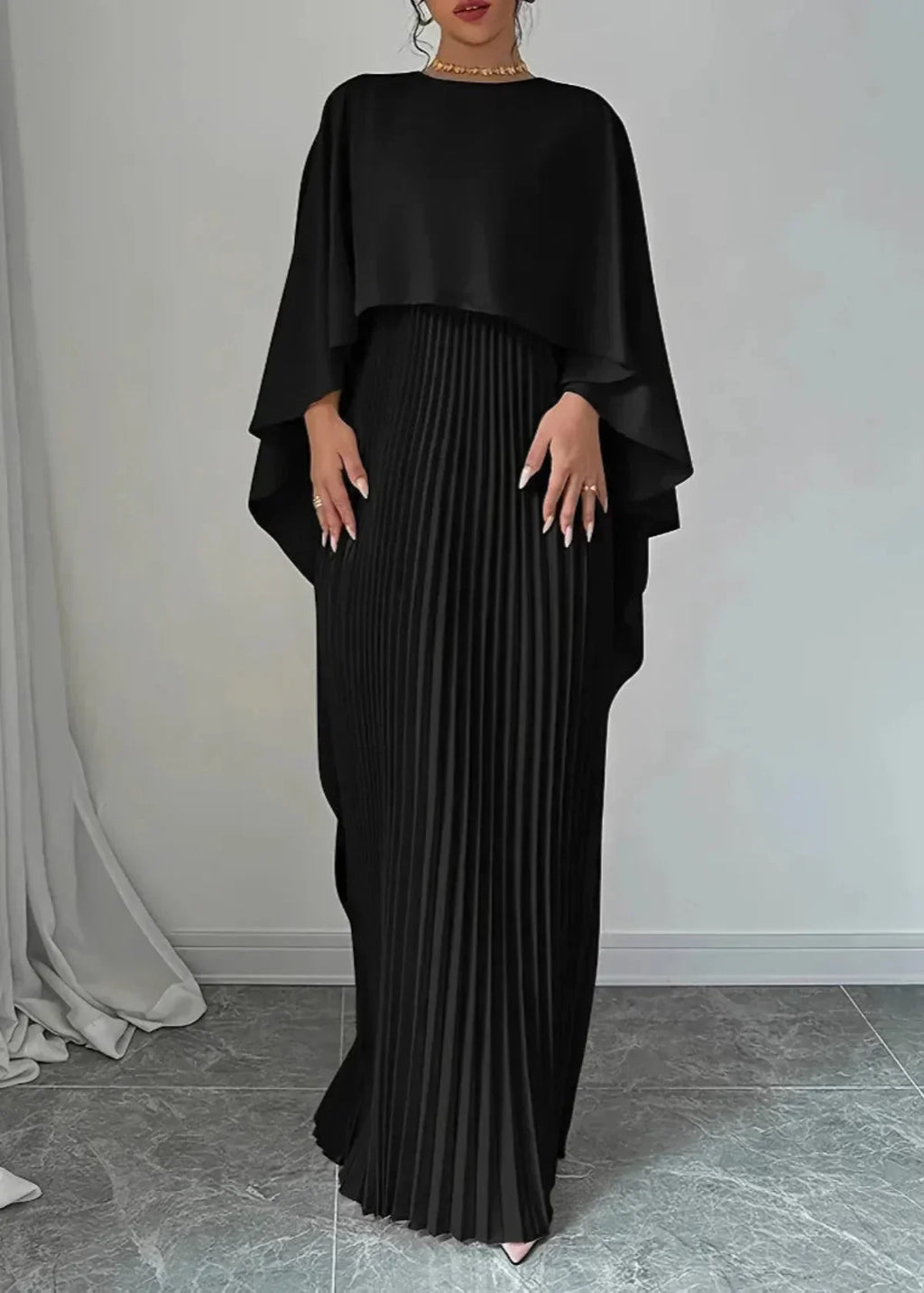 Women's Long Wedding Guest Dress Pleated Cape Overlay Fluid Elegant Formal Gown – Makayla