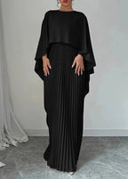 Women's Long Wedding Guest Dress Pleated Cape Overlay Fluid Elegant Formal Gown – Makayla