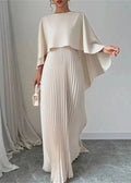 Women's Long Wedding Guest Dress Pleated Cape Overlay Fluid Elegant Formal Gown – Makayla