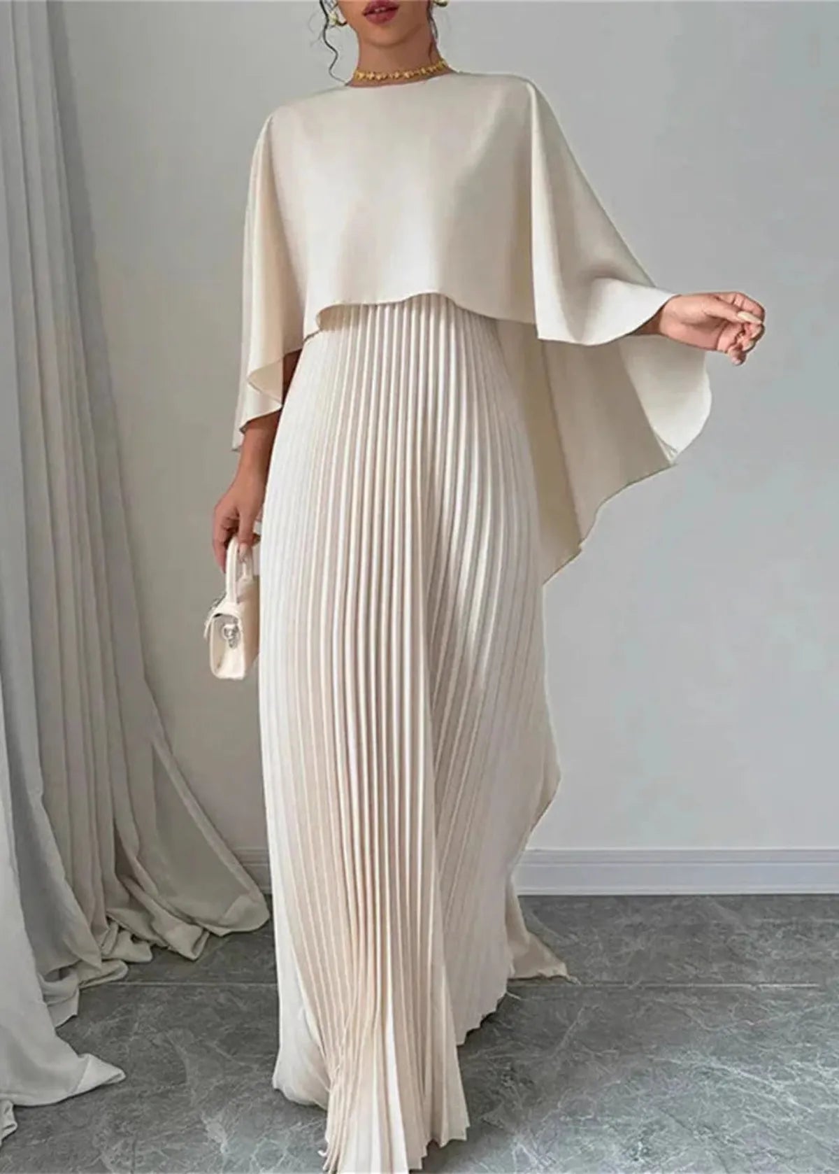 Women's Long Wedding Guest Dress Pleated Cape Overlay Fluid Elegant Formal Gown – Makayla