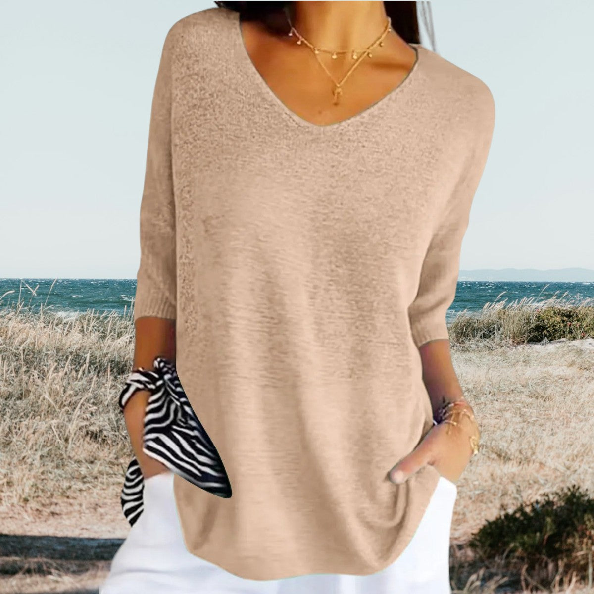 Women's Summer V-Neck Knit Top Lightweight Relaxed Fit Casual Everyday Versatile Soft – Gerda