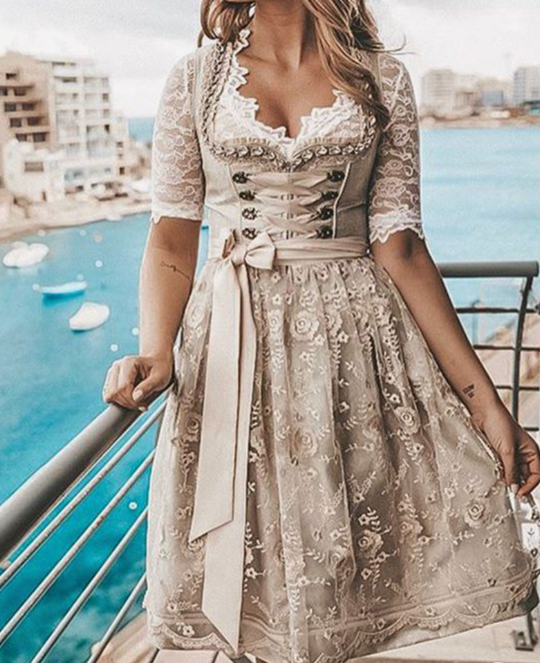 Women's Traditional Dirndl Dress Laced Bodice Lace Blouse Cotton Oktoberfest Bavarian Costume – Heidi