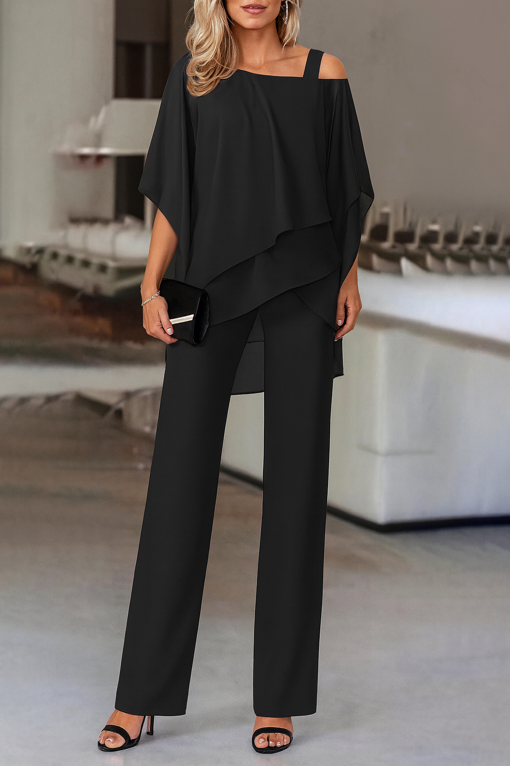 Women's Elegant Two-Piece Set Top & Wide-Leg Pants Formal Evening Wedding Guest Gala Cocktail Party Luxury – Burgundy Black White Blue