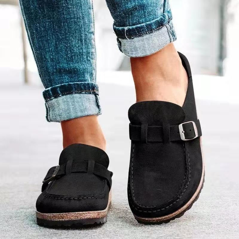 Women's Retro Suede Buckle Clog Mules Slip-On Flat Arch Support Casual Everyday Shoes – Marley