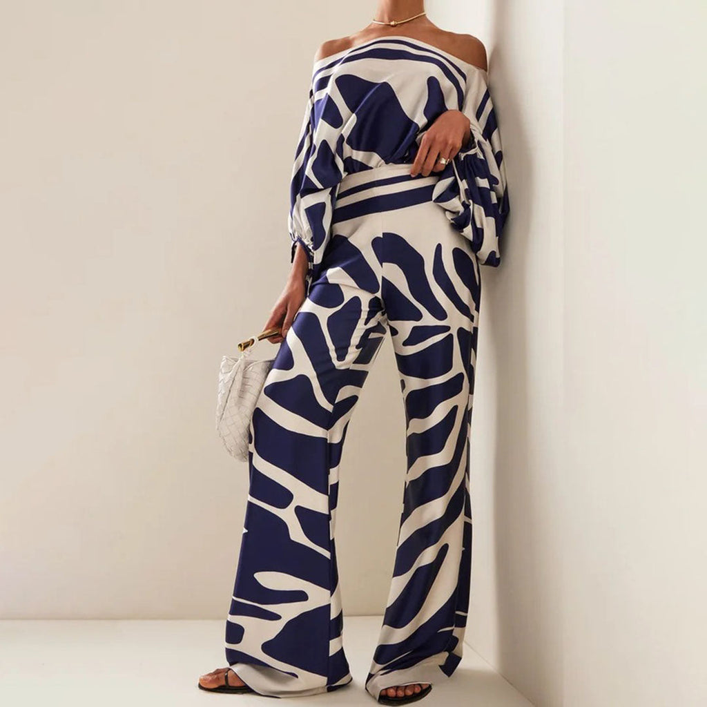 Women's Chic Summer Two-Piece Set Printed Flowy Top Wide-Leg Pants Casual Vacation Elegant Outfit