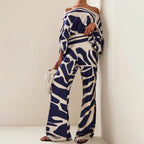 Women's Chic Summer Two-Piece Set Printed Flowy Top Wide-Leg Pants Casual Vacation Elegant Outfit