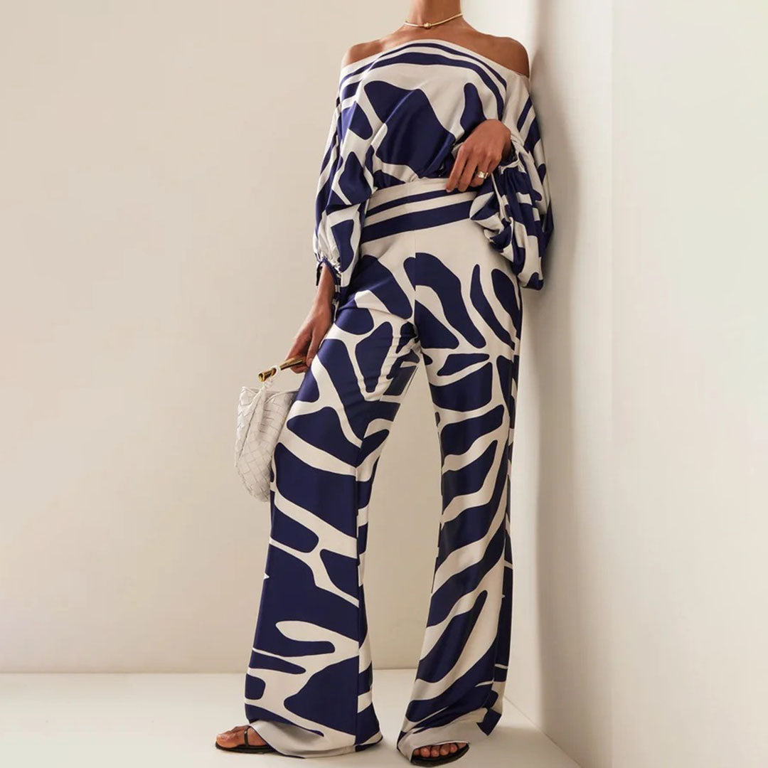 Women's Chic Summer Two-Piece Set Printed Flowy Top Wide-Leg Pants Casual Vacation Elegant Outfit