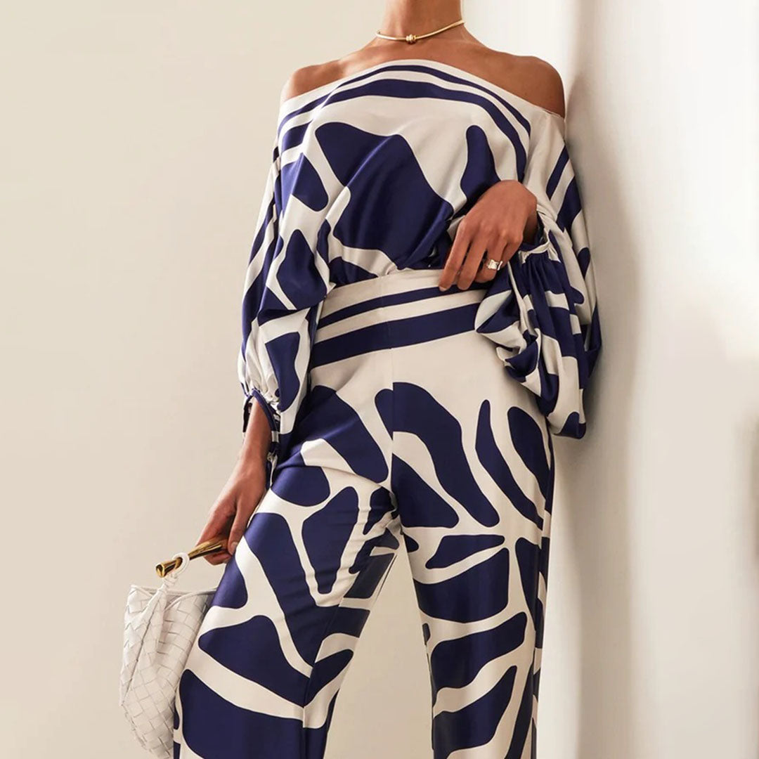 Women's Chic Summer Two-Piece Set Printed Flowy Top Wide-Leg Pants Casual Vacation Elegant Outfit