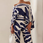 Women's Chic Summer Two-Piece Set Printed Flowy Top Wide-Leg Pants Casual Vacation Elegant Outfit