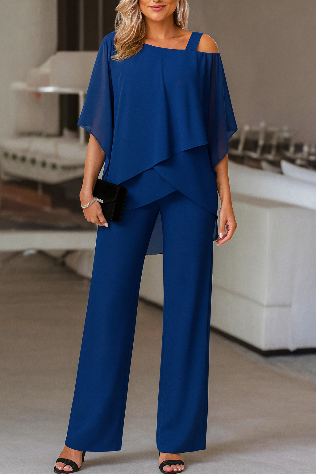 Women's Elegant Two-Piece Set Top & Wide-Leg Pants Formal Evening Wedding Guest Gala Cocktail Party Luxury – Burgundy Black White Blue