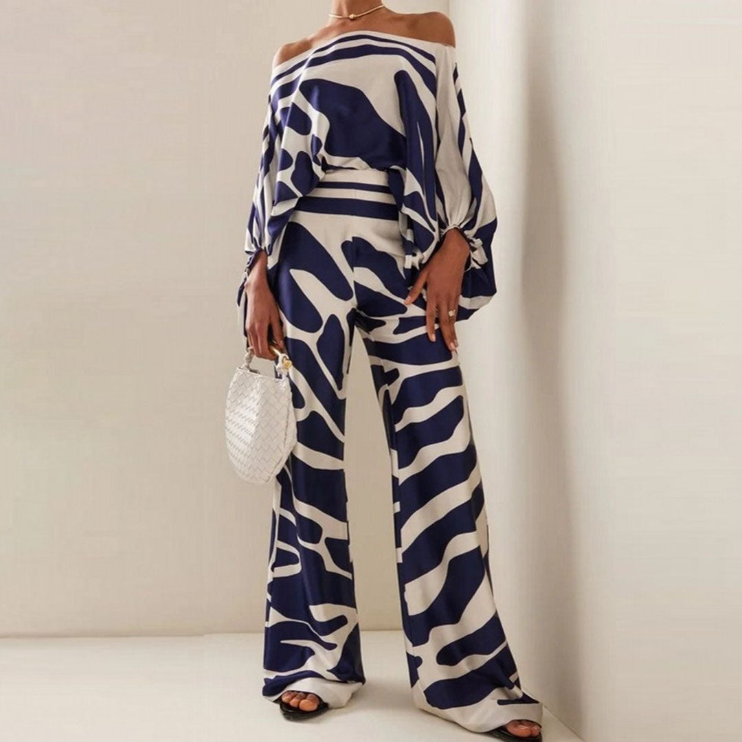Women's Chic Summer Two-Piece Set Printed Flowy Top Wide-Leg Pants Casual Vacation Elegant Outfit