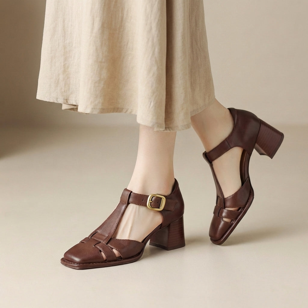 Women's Chunky Heel T-Strap Sandals Buckle Closed Toe Casual Formal Summer Shoes – Ashley