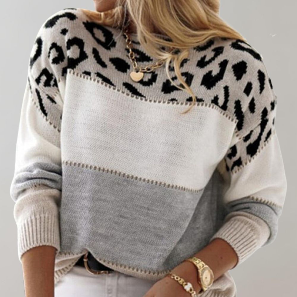 Women's Leopard Print Color Block Knit Sweater Casual Everyday Cozy Fall Winter Streetwear Chic – Rosie White Grey