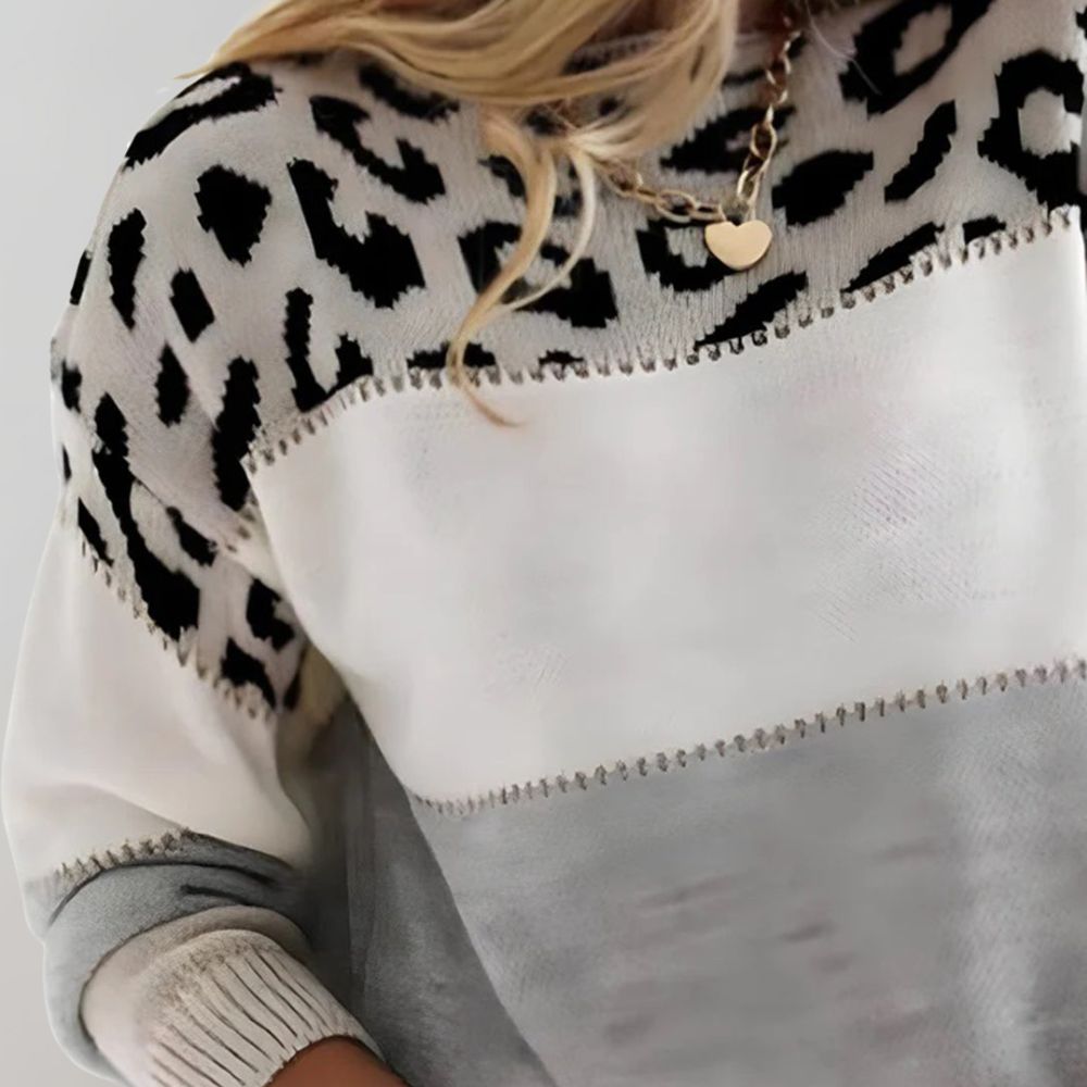 Women's Leopard Print Color Block Knit Sweater Casual Everyday Cozy Fall Winter Streetwear Chic – Rosie White Grey