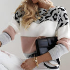 Women's Leopard Print Color Block Knit Sweater Casual Everyday Cozy Fall Winter Streetwear Chic – Rosie White Grey