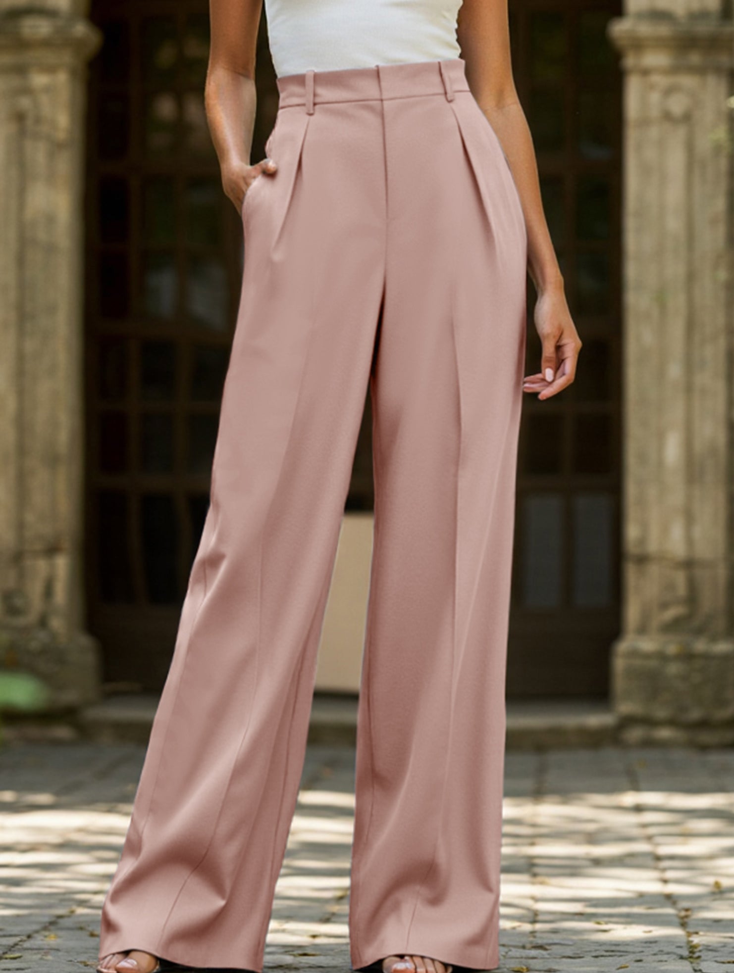 Women's High Waist Wide Leg Drape Pants Loose Flowing Polyester Casual Formal Everyday Trousers – Multicolor