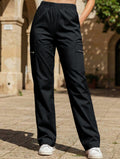 Women's High-Waisted Loose Straight-Leg Pants Casual Work Office Formal Everyday Floor-Length Trousers – Navy