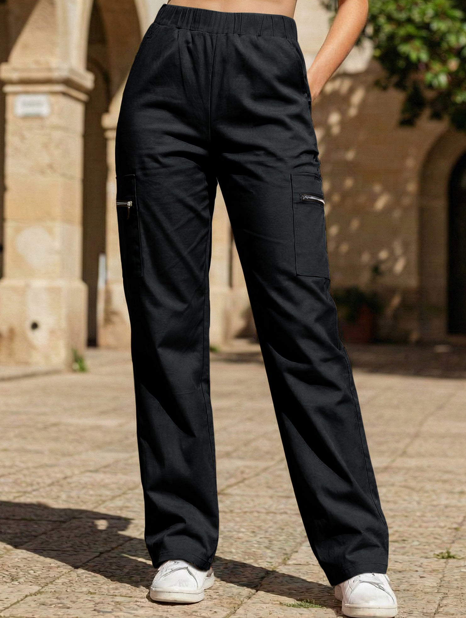 Women's High-Waisted Loose Straight-Leg Pants Casual Work Office Formal Everyday Floor-Length Trousers – Navy