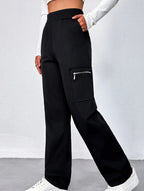 Women's High-Waisted Loose Straight-Leg Pants Casual Work Office Formal Everyday Floor-Length Trousers – Navy