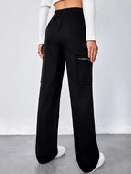 Women's High-Waisted Loose Straight-Leg Pants Casual Work Office Formal Everyday Floor-Length Trousers – Navy