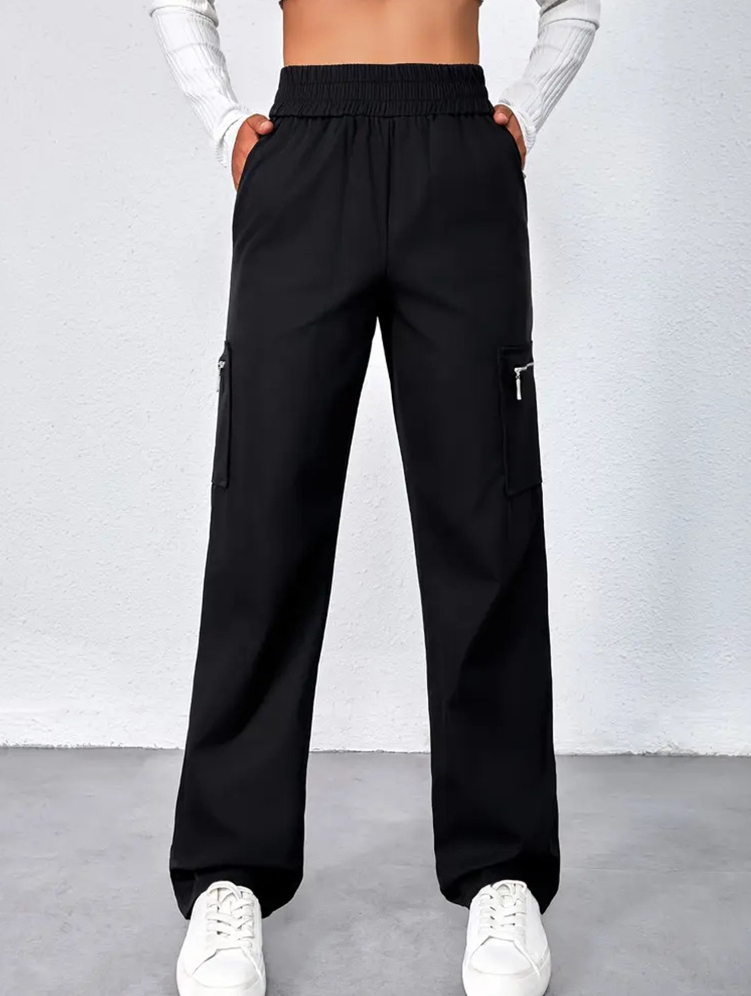Women's High-Waisted Loose Straight-Leg Pants Casual Work Office Formal Everyday Floor-Length Trousers – Navy