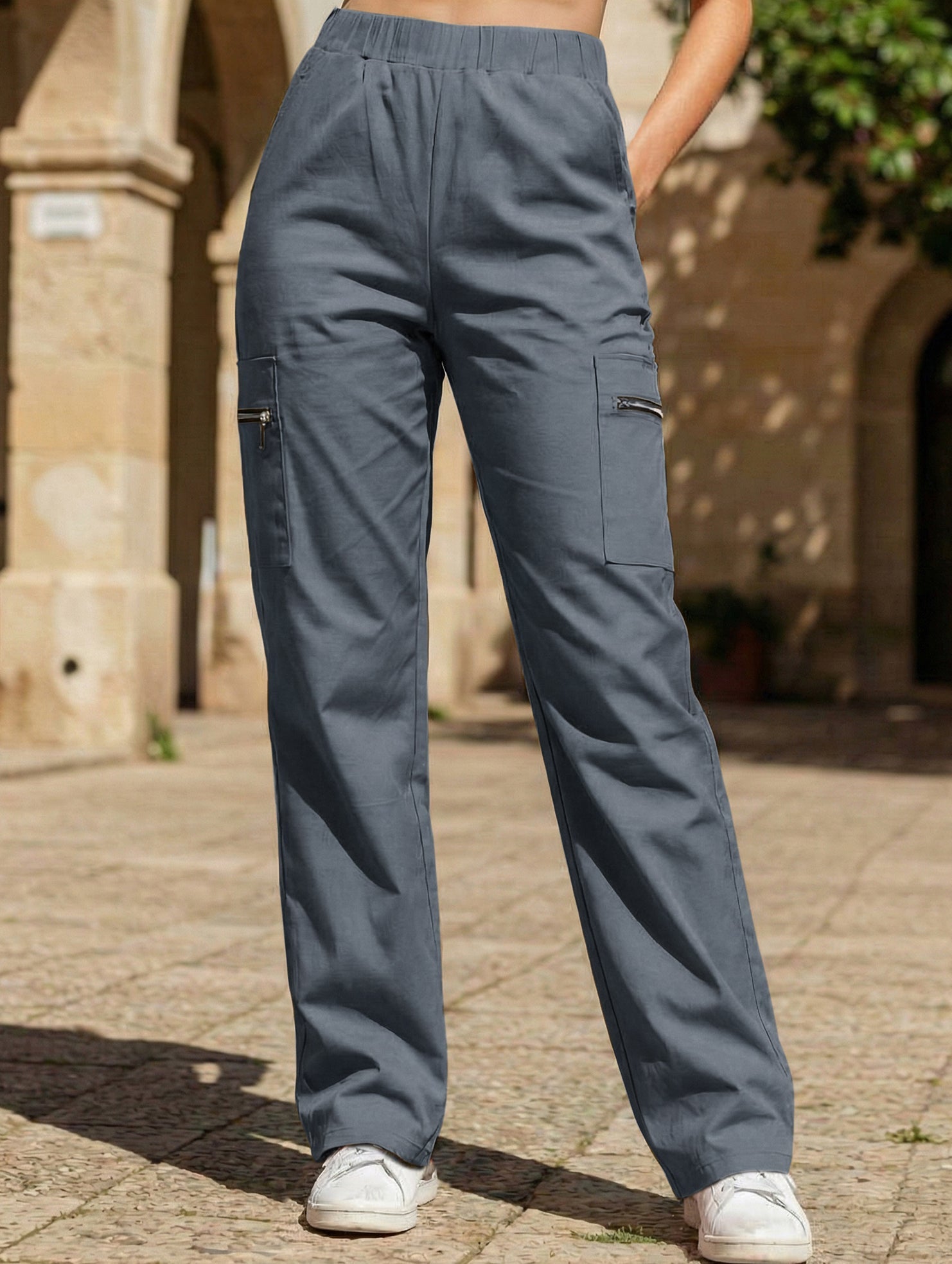 Women's High-Waisted Loose Straight-Leg Pants Casual Work Office Formal Everyday Floor-Length Trousers – Navy