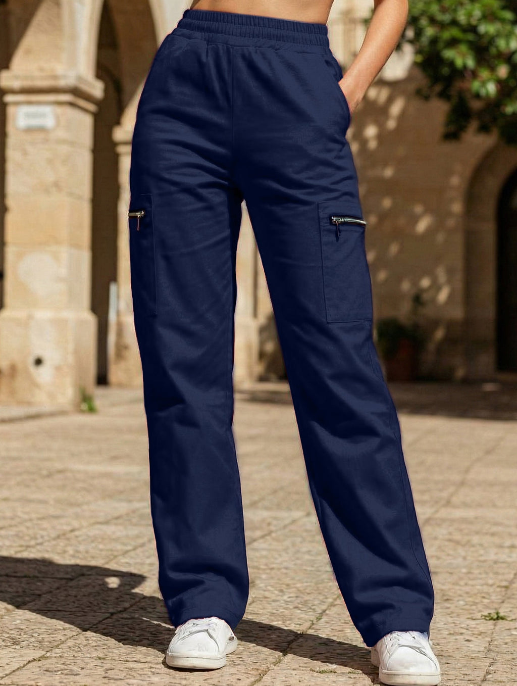 Women's High-Waisted Loose Straight-Leg Pants Casual Work Office Formal Everyday Floor-Length Trousers – Navy