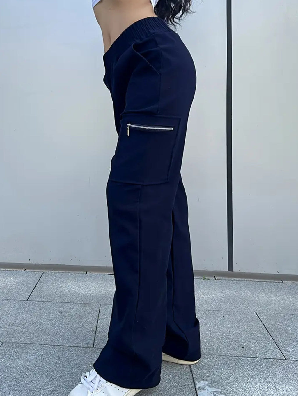 Women's High-Waisted Loose Straight-Leg Pants Casual Work Office Formal Everyday Floor-Length Trousers – Navy