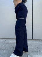 Women's High-Waisted Loose Straight-Leg Pants Casual Work Office Formal Everyday Floor-Length Trousers – Navy