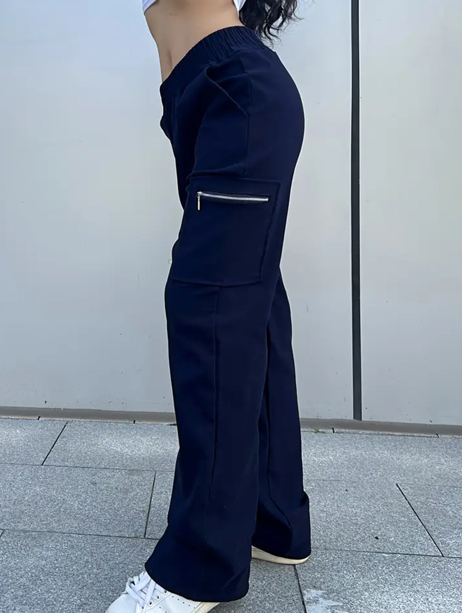 Women's High-Waisted Loose Straight-Leg Pants Casual Work Office Formal Everyday Floor-Length Trousers – Navy