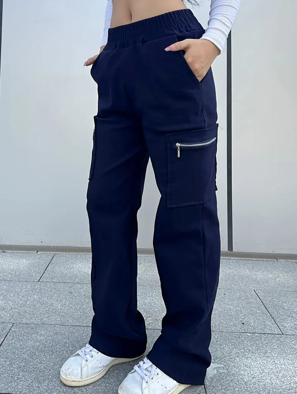 Women's High-Waisted Loose Straight-Leg Pants Casual Work Office Formal Everyday Floor-Length Trousers – Navy