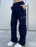 Women's High-Waisted Loose Straight-Leg Pants Casual Work Office Formal Everyday Floor-Length Trousers – Navy