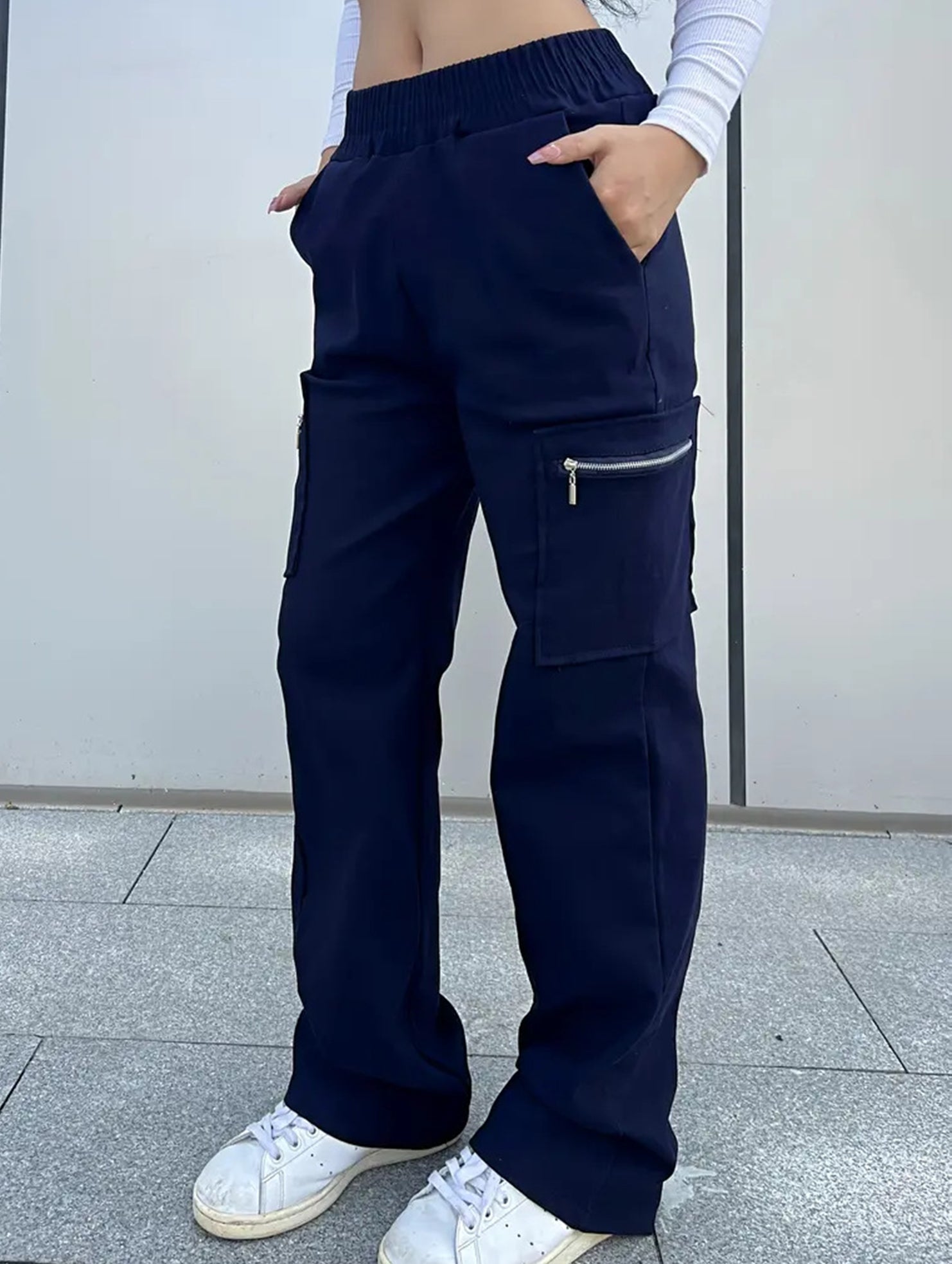 Women's High-Waisted Loose Straight-Leg Pants Casual Work Office Formal Everyday Floor-Length Trousers – Navy