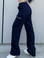 Women's High-Waisted Loose Straight-Leg Pants Casual Work Office Formal Everyday Floor-Length Trousers – Navy