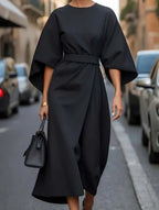 Women's Elegant Solid Color Wrap Knot Midi Dress Batwing Sleeve Polyester Wedding Guest Formal Party Dress