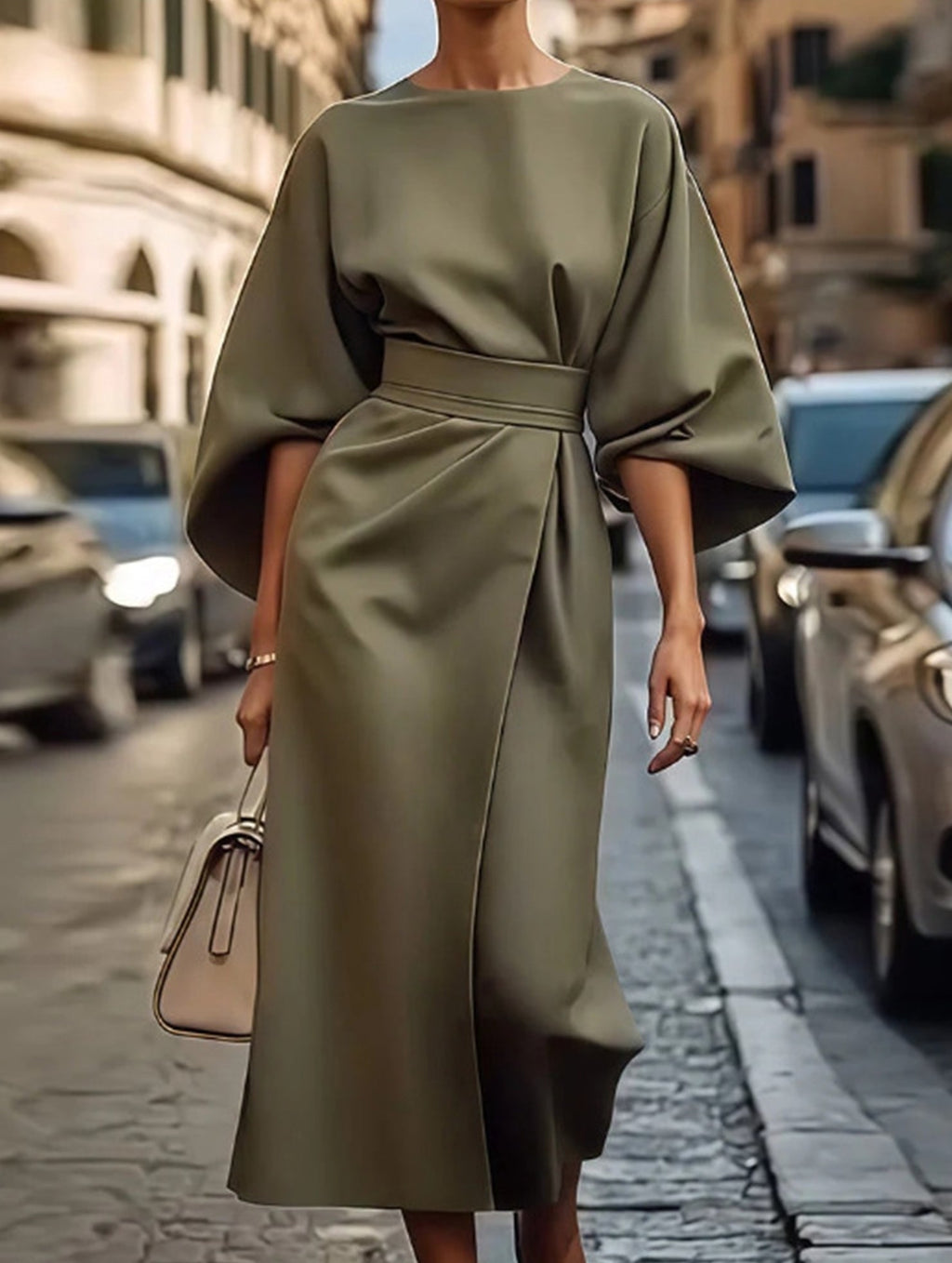 Women's Elegant Solid Color Wrap Knot Midi Dress Batwing Sleeve Polyester Wedding Guest Formal Party Dress
