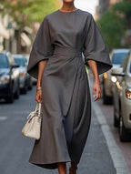 Women's Elegant Solid Color Wrap Knot Midi Dress Batwing Sleeve Polyester Wedding Guest Formal Party Dress