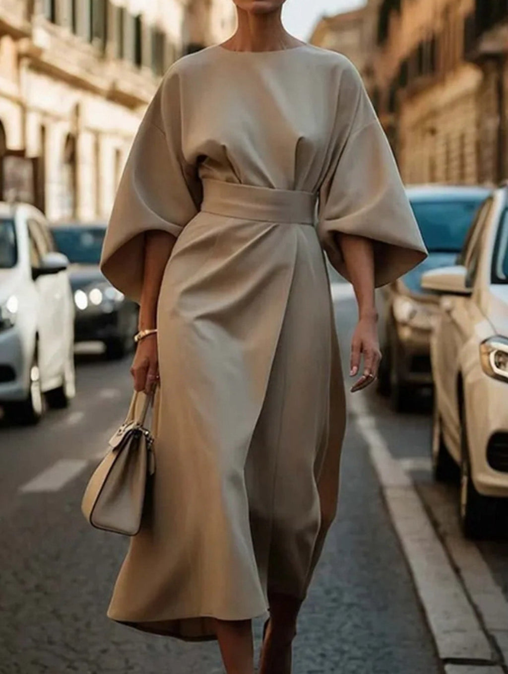 Women's Elegant Solid Color Wrap Knot Midi Dress Batwing Sleeve Polyester Wedding Guest Formal Party Dress