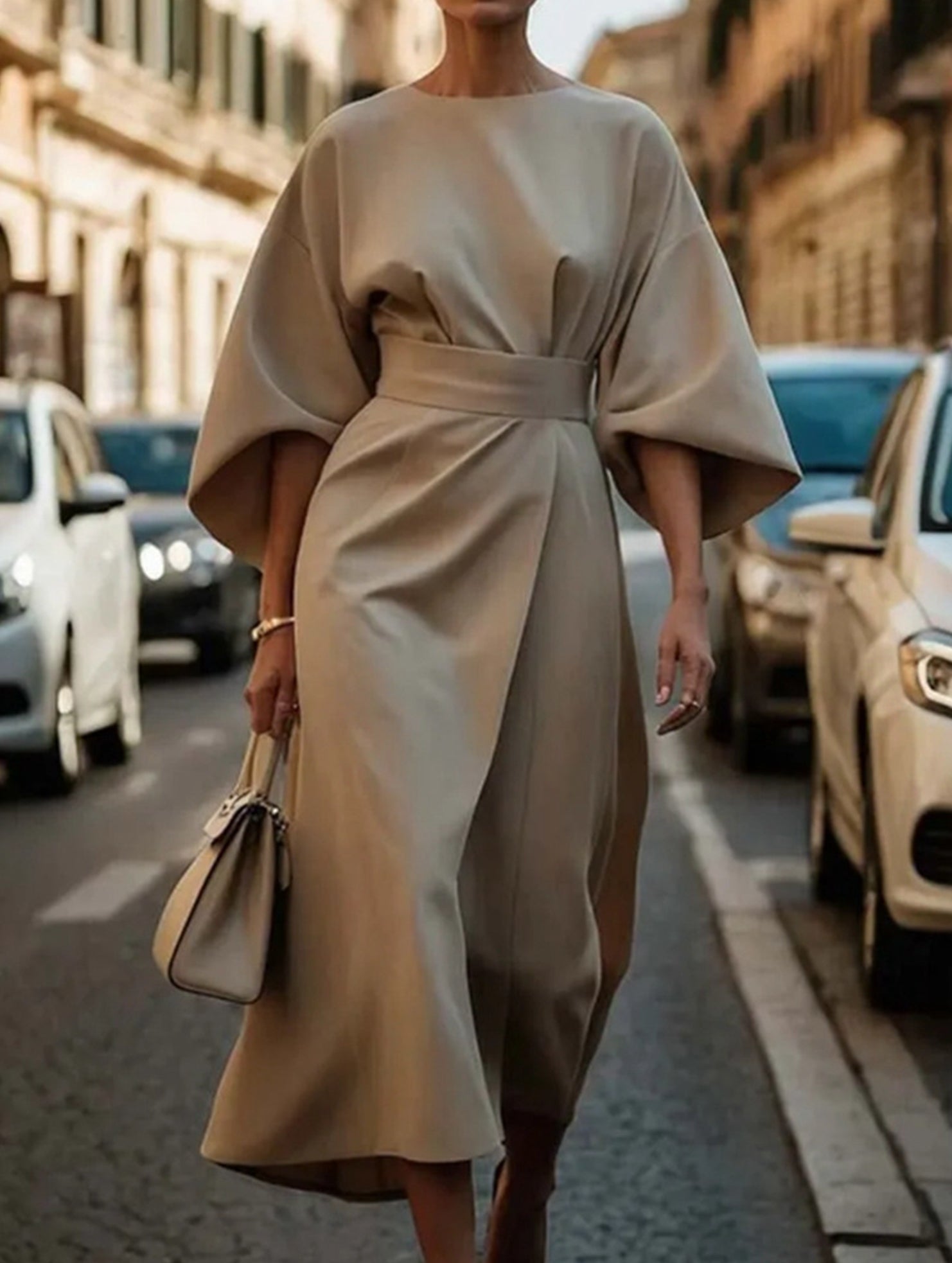 Women's Elegant Solid Color Wrap Knot Midi Dress Batwing Sleeve Polyester Wedding Guest Formal Party Dress