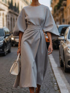 Women's Elegant Solid Color Wrap Knot Midi Dress Batwing Sleeve Polyester Wedding Guest Formal Party Dress