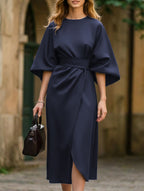 Women's Elegant Solid Color Wrap Knot Midi Dress Batwing Sleeve Polyester Wedding Guest Formal Party Dress