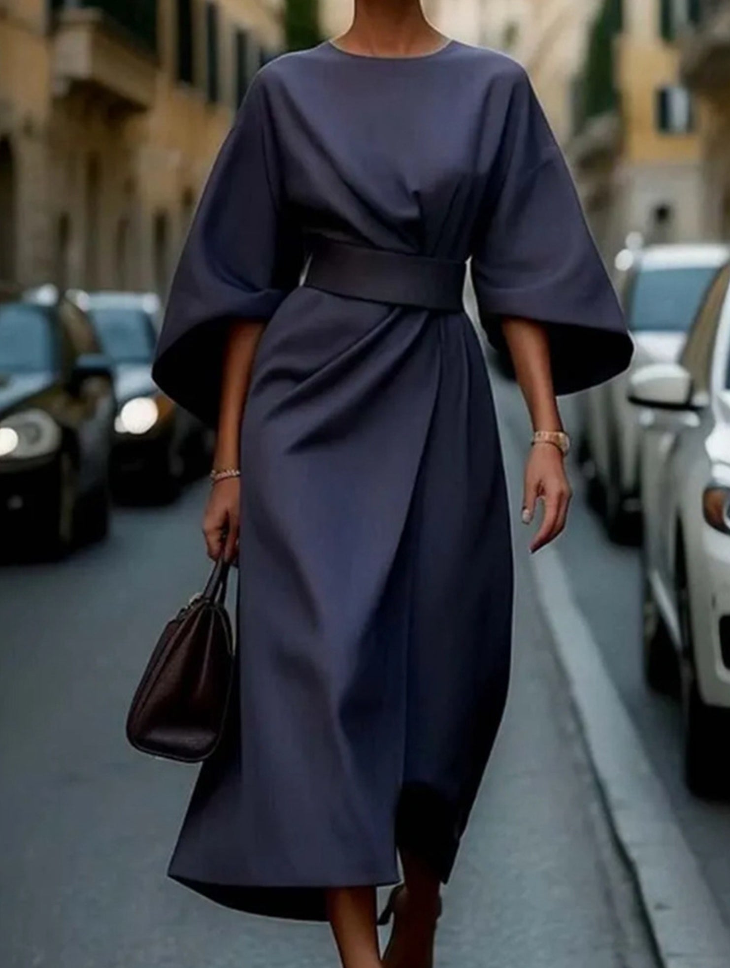 Women's Elegant Solid Color Wrap Knot Midi Dress Batwing Sleeve Polyester Wedding Guest Formal Party Dress