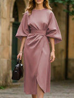 Women's Elegant Solid Color Wrap Knot Midi Dress Batwing Sleeve Polyester Wedding Guest Formal Party Dress