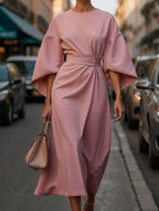 Women's Elegant Solid Color Wrap Knot Midi Dress Batwing Sleeve Polyester Wedding Guest Formal Party Dress