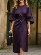 Women's Elegant Solid Color Wrap Knot Midi Dress Batwing Sleeve Polyester Wedding Guest Formal Party Dress
