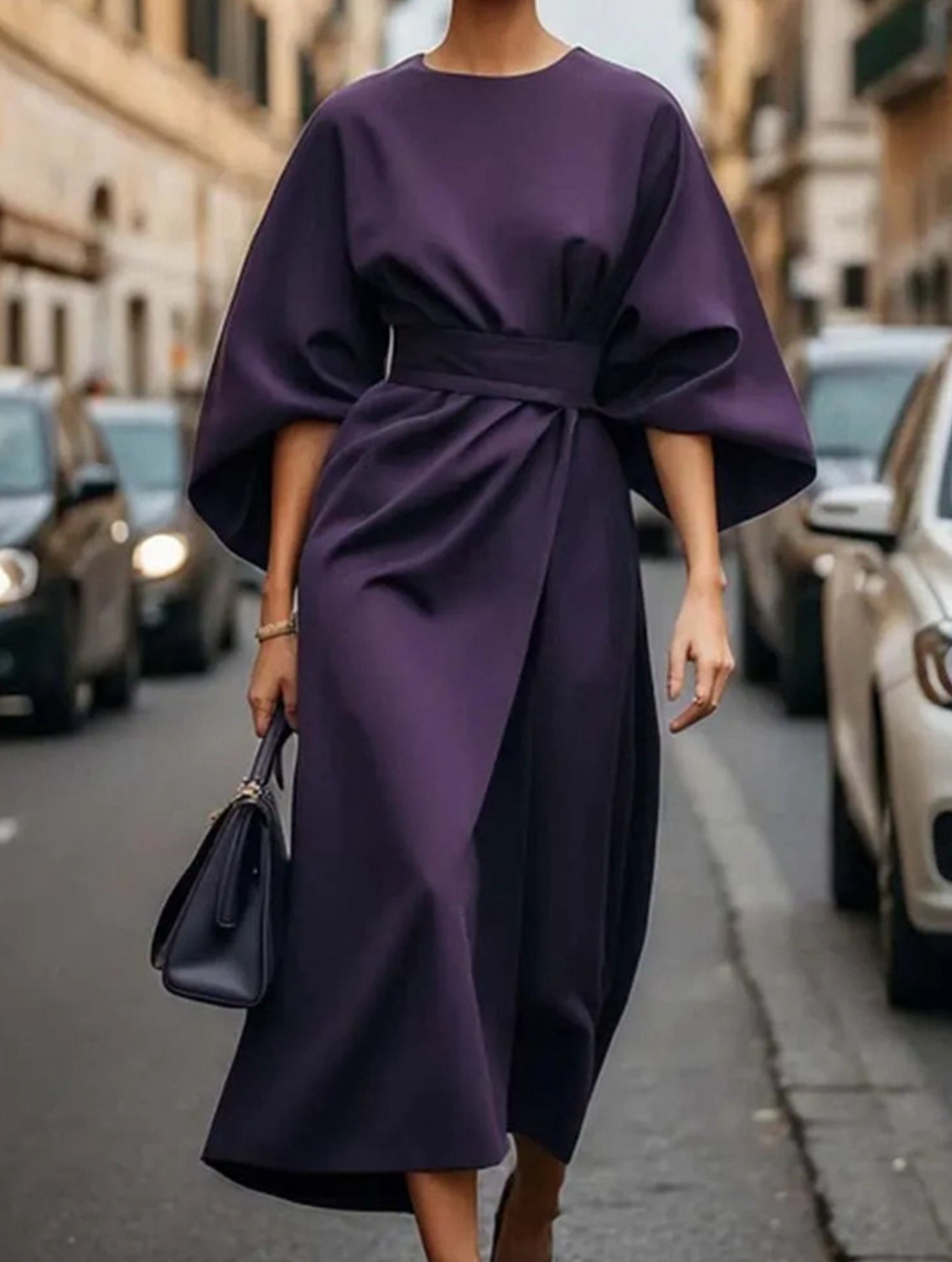 Women's Elegant Solid Color Wrap Knot Midi Dress Batwing Sleeve Polyester Wedding Guest Formal Party Dress