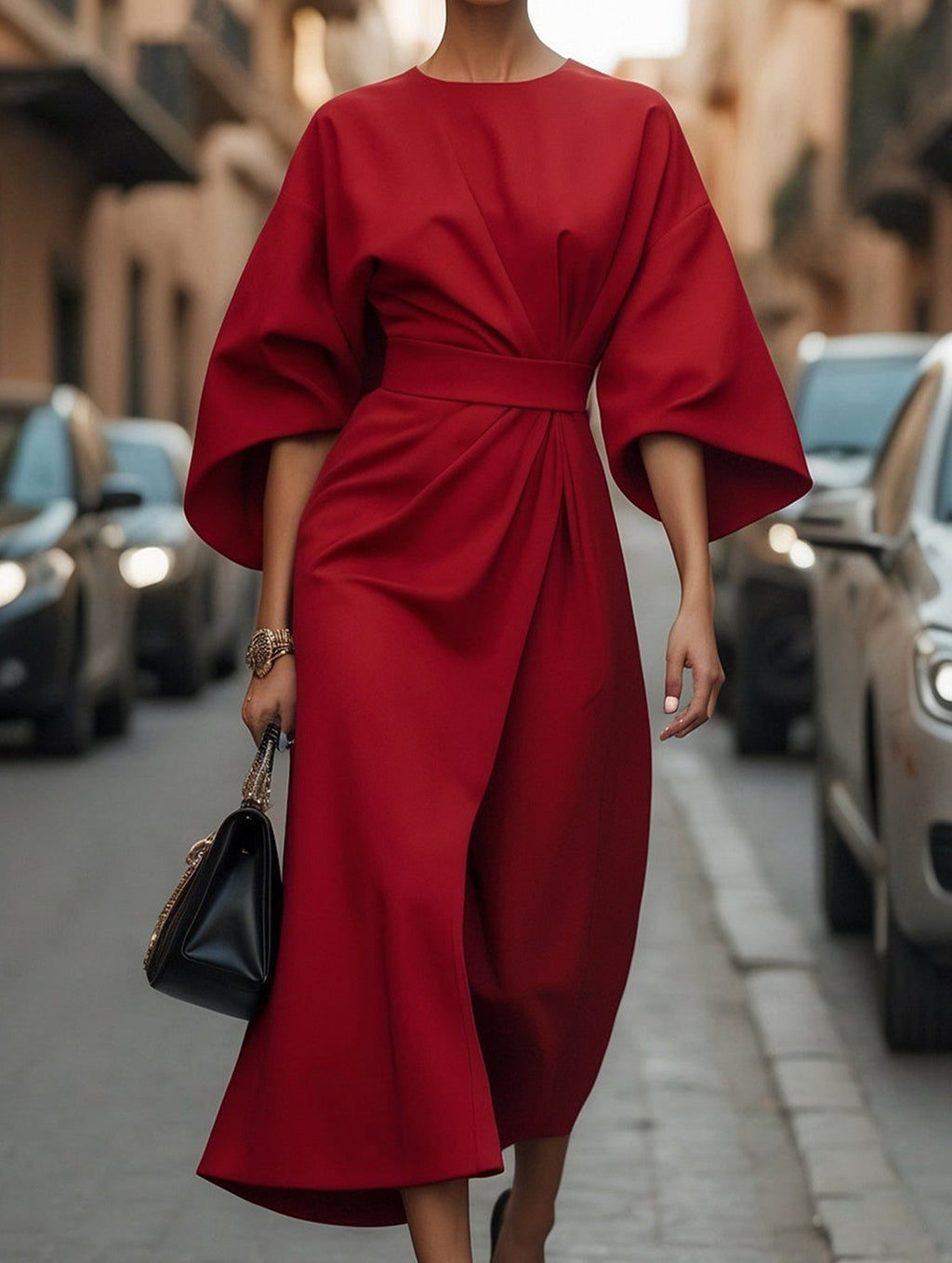 Women's Elegant Solid Color Wrap Knot Midi Dress Batwing Sleeve Polyester Wedding Guest Formal Party Dress