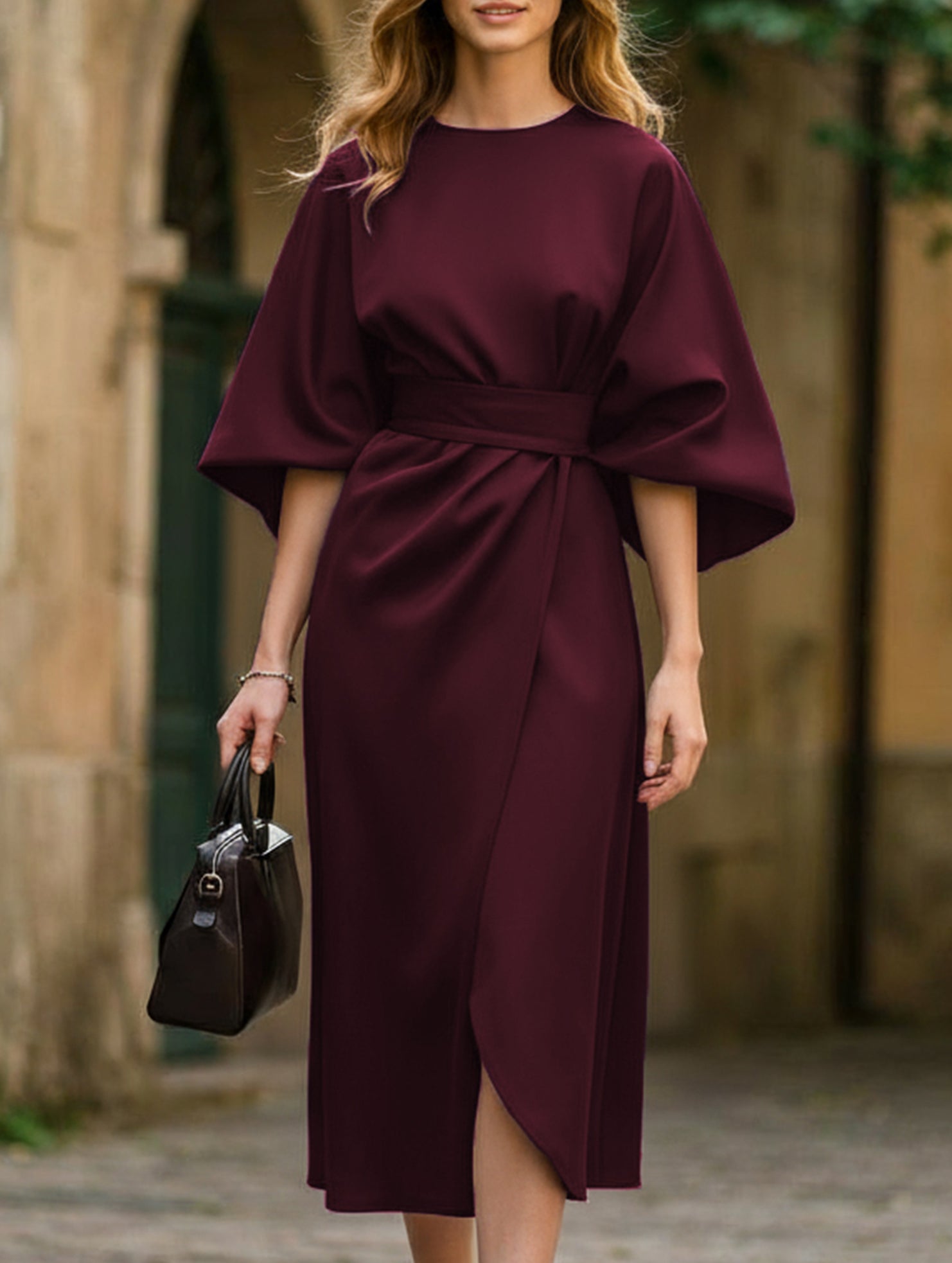 Women's Elegant Solid Color Wrap Knot Midi Dress Batwing Sleeve Polyester Wedding Guest Formal Party Dress